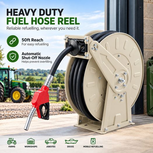 50ft Retractable Diesel Fuel Hose Reel 300 PSI Automatic Nozzle