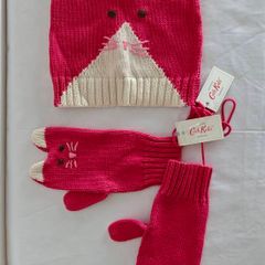 NEW Cath Kids Cath Kidston Cat Bonnet Mittens Set Pink 1to3Y BNWT