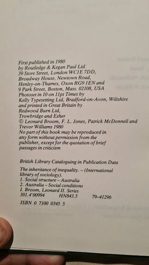 The Inheritance Of Inequality. By Leonard Broom. F. L. Jones. Patrick Mcdonald. Trevor Williams. Rare First Edition. 1980. Hardback With Dustjacket In Very Good Condition.
