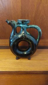 Fabulous Donut Shaped Bulgarian Pottery Bottle in Brown with Mint Green Drip Glaze