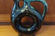 Fabulous Donut Shaped Bulgarian Pottery Bottle in Brown with Mint Green Drip Glaze