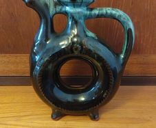 Fabulous Donut Shaped Bulgarian Pottery Bottle in Brown with Mint Green Drip Glaze
