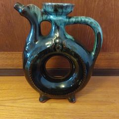 Fabulous Donut Shaped Bulgarian Pottery Bottle in Brown with Mint Green Drip Glaze