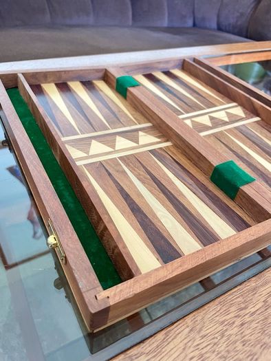 Vintage Marquetry Inlaid Folding Wooden Chess Board Chess Pieces Dice and Counters