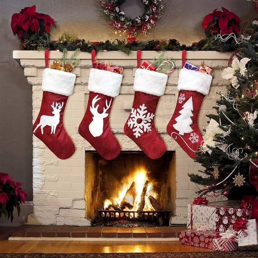 Large Christmas Stocking Set of 4, 18 Inch Red Christmas Stockings with Reindeer and Plush Faux Fur Cuff Hanging Stockings for Family Holiday Xmas Party Decorations