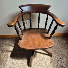Antique Wooden Captains Chair Swivel Base Desk Chair