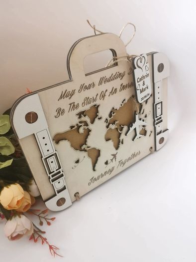 Wooden Wedding Card in the shape of a travel suitcase, Inner envelope for monetary wedding gifts