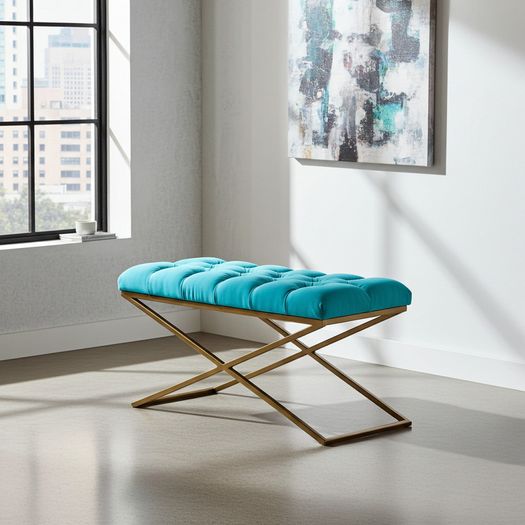 Aqua Velvet X-Frame Bench 100x40cm  Gold Metal