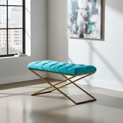 Aqua Velvet X-Frame Bench 100x40cm  Gold Metal