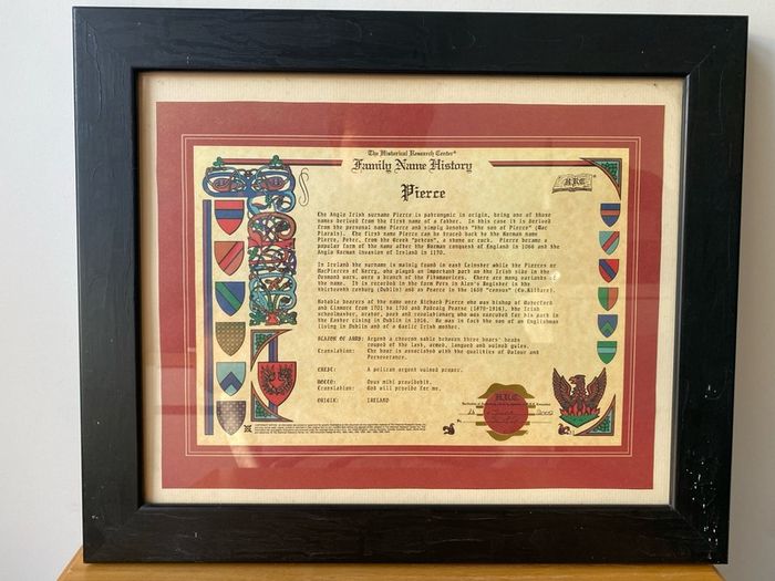 Pierce Family Name History by The Historical Research Center Certificate of Authenticity issued 2002