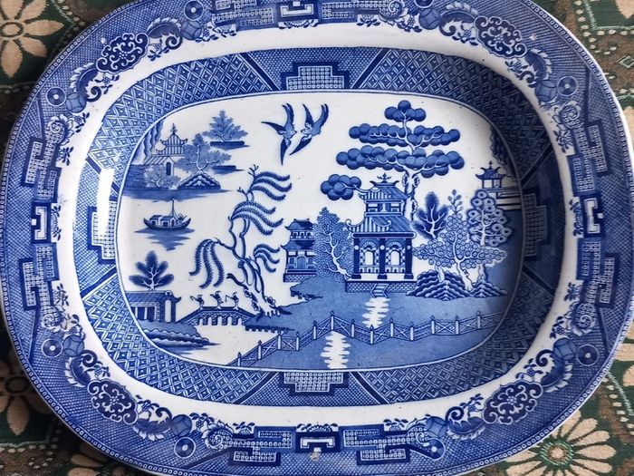 Large Staffordshire willow pattern platter.