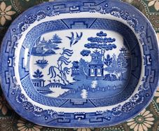 Large Staffordshire willow pattern platter.