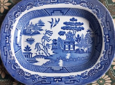 Large Staffordshire willow pattern platter.