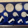Queen Victoria 1887 Uncirculated Jubilee Silver Set Comprising of Crown, 4 shillings 2s6d, 2s (Florin), 1s, 6d & 3d (seven coins in total) on a Maroon Oblong Presentation box. Much original Lustre. Some edge toning. Crown has some edge nicks. Image 2