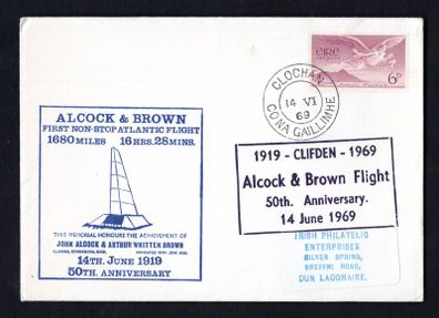 1969 Ireland Cover celebrating 50th Anniversary of Alcock & Brown Flight Clifden trying 6p airmail stamp with Clochan, Co Na Gailimhe (Clifden Co Galway) steele cancel