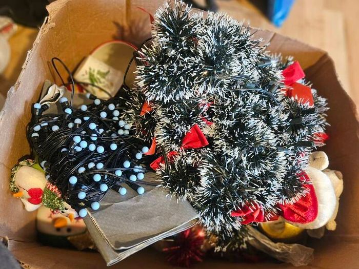 Box of Lovely Christmas Decorations and Santa Globe Lantern