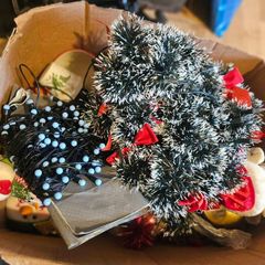 Box of Lovely Christmas Decorations and Santa Globe Lantern