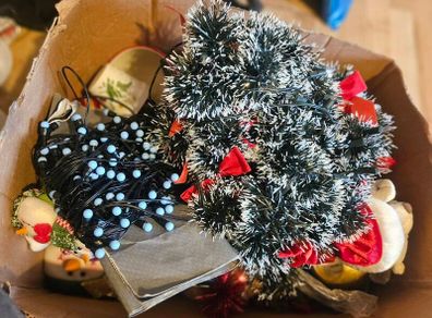 Box of Lovely Christmas Decorations and Santa Globe Lantern
