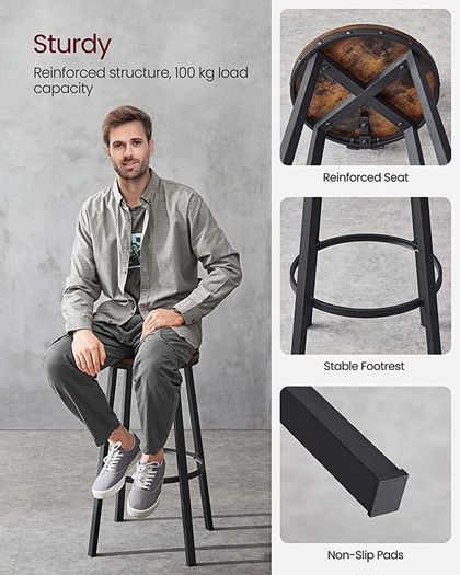 Bar Stools, Kitchen Stools, Set of 2 Tall Bar Chairs with Backrest, Steel Frame, 73 cm High Seat, Easy Assembly, Industrial, Rustic Brown and Black (FREE POSTAGE)