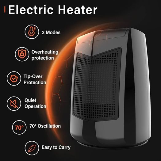800W Energy Efficient Electric Heater with 3 Modes, 70 Degree Oscillation Fan Heater with Overheat Tip Over Protection, Low Energy Ceramic Plug in Heater, Portable Heater for Home office