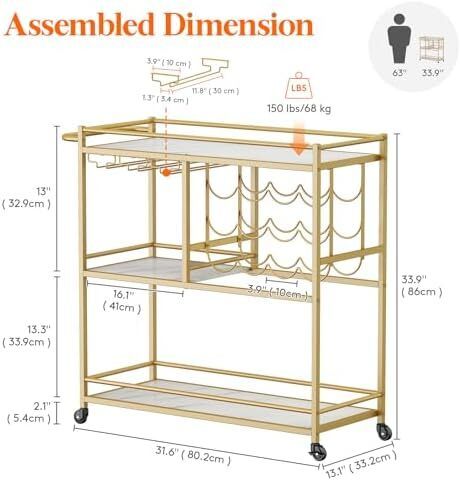 Drink Trolley, Bar Cart with Lockable Wheels, 12 Wine Rack and 3 Rows Glass Holders Gold