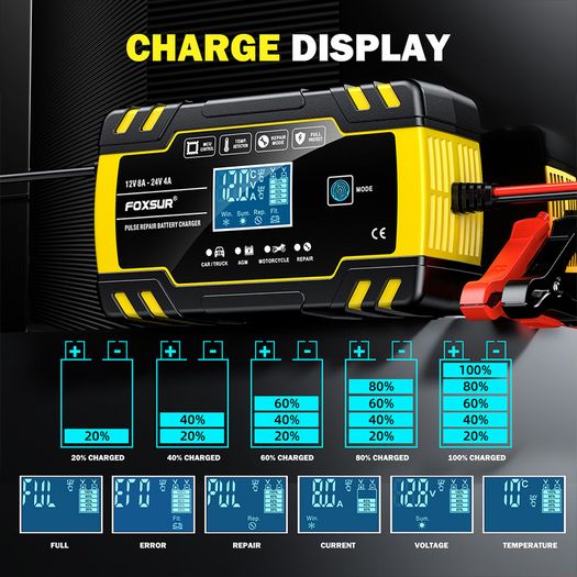 FOXSUR FBC122408D Car Battery Charger,12V/24V 8A 4A Intelligent Automatic Battery Charger for Car