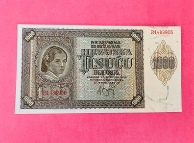 Croatia  1000 Kuna  1941 Pick 4 Scarce .  Watermark - Tuning Fork Pattern  Unc