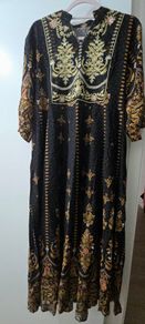 Black Flared Dress Beautiful Golden Work nd Print