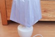 Vintage white ceramic table lamp with new light lilac square lamp shade  lamp height 37cm