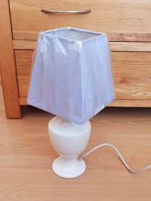Vintage white ceramic table lamp with new light lilac square lamp shade  lamp height 37cm