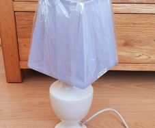 Vintage white ceramic table lamp with new light lilac square lamp shade  lamp height 37cm