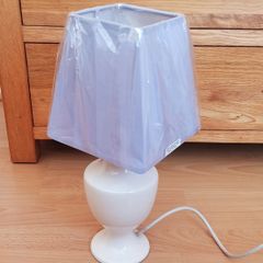 Vintage white ceramic table lamp with new light lilac square lamp shade  lamp height 37cm