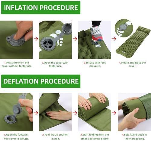 Waterproof Lightweight Camping Sleeping Pad Foot Press Inflatable Pad Air Mattress with Pillow for Backpacking, Hiking, Camping, Traveling (Green)