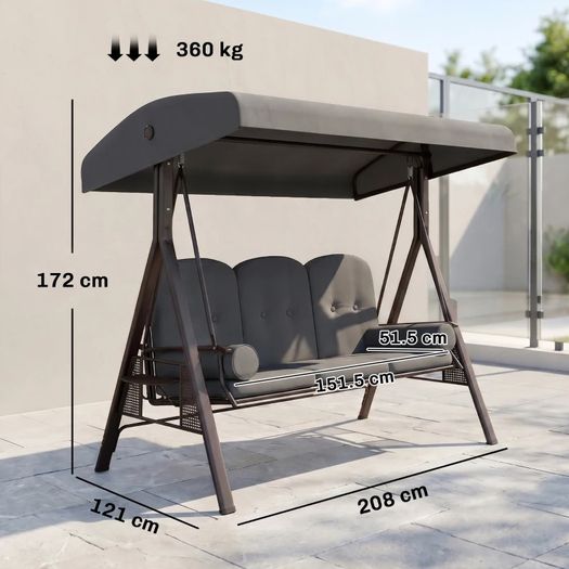 3 Seat Garden Swing Chair Steel Swing Bench w/ Cushions Cup Trays