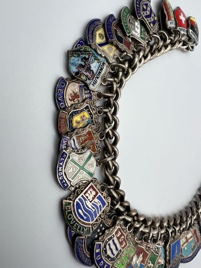 Vintage Sterling Silver Travel Shield Place Name Souvenir Charm Bracelet - 33 Charms from UK and Europe - Approx 55g