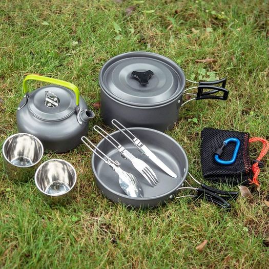 Camping Cooker Pan Set Aluminum Camping Cookware Kit for 2 People, Portable Outdoor Pot Pan Stove Kettle 2 Cups and Tableware - Backpacking Cookware for Picnic Trekking and Hiking