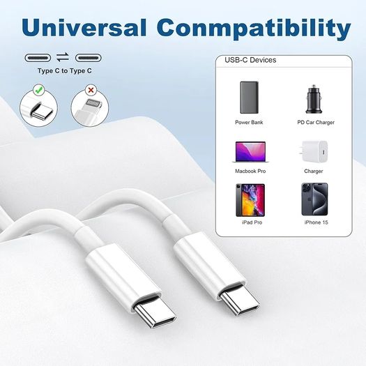 USB C to USB C Charger Cable for iPhone 15/16 Fast Charging, 1M 60W Type C Charging Fast Charging Cable for iPhone16/16 Pro/15/15 Plus/15 Pro/15 Pro Max, iPad Pro/Air/Mini,Mac (White, 2M)