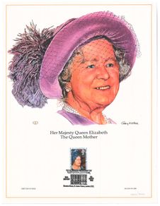 1980 Great Britain Limited Edition Lithographed Print measuring 333mm X 257mm showing Her Majesty Queen Elizabeth, The Queen Mother Commemorative stamp with First Day of Issue Cancel