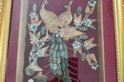 Peacock couple FRAMED IN GELDED FRAM Jade with Seashells painting is created by Myanmar artists