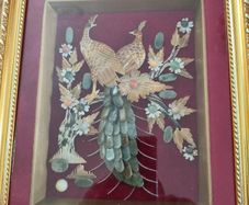 Peacock couple FRAMED IN GELDED FRAM Jade with Seashells painting is created by Myanmar artists