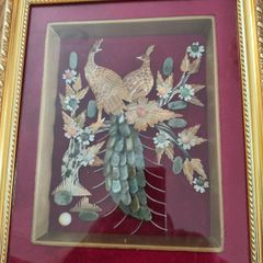 Peacock couple FRAMED IN GELDED FRAM Jade with Seashells painting is created by Myanmar artists