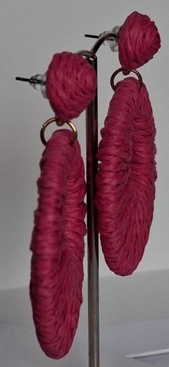 Hot Pink Raffia Woven Stud Hollow Out Woven Hoop Earrings