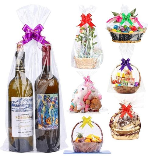 20Pcs Cellophane Basket Bags, 14X20in Clear Hamper Wrap Bag with Pull Bow Blank Hangtag & Twist Ties, Large Present Bags Set for Gift Packaging Arts Crafts Toys Fruit Christmas Making (FREE POSTAGE)