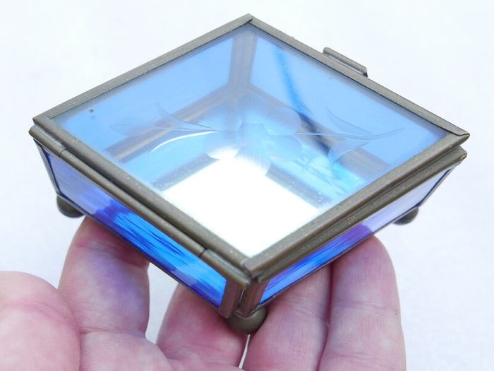 Vintage blue and clear etched flowers Brass trinket box , glass jewelry box