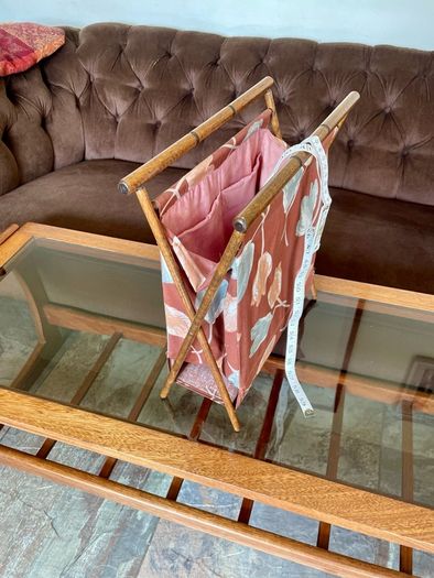 MCM Faux Bamboo Wood And Fabric Portable Knitting Sewing Basket Catch All
