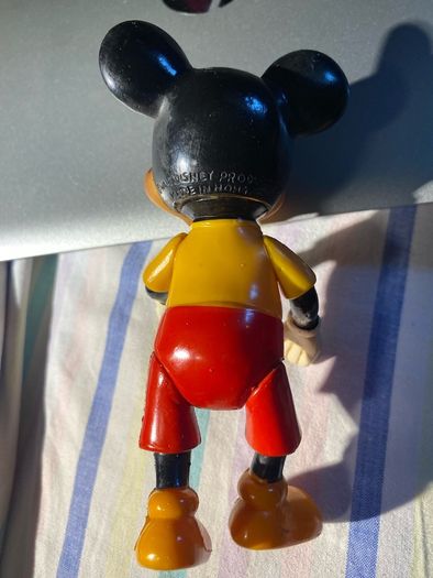 a vintage 1970s Walt Disney Productions hard plastic/vinyl jointed Mickey Mouse figure (made in Hong Kong)
