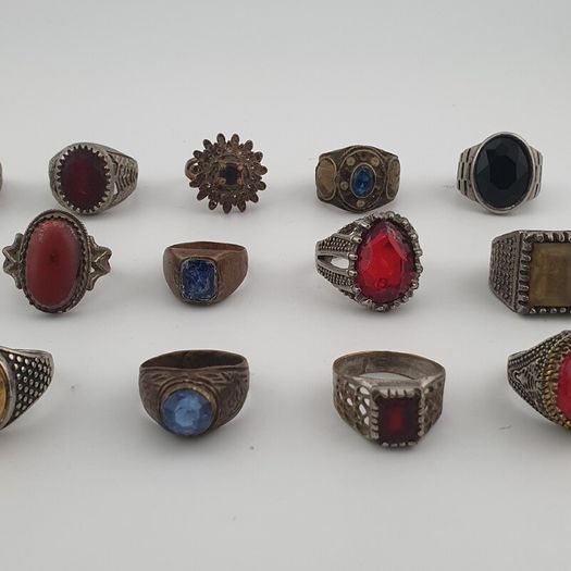 15 Antique Style Brass Rings Mixed Stone & Colourful Glass Accents