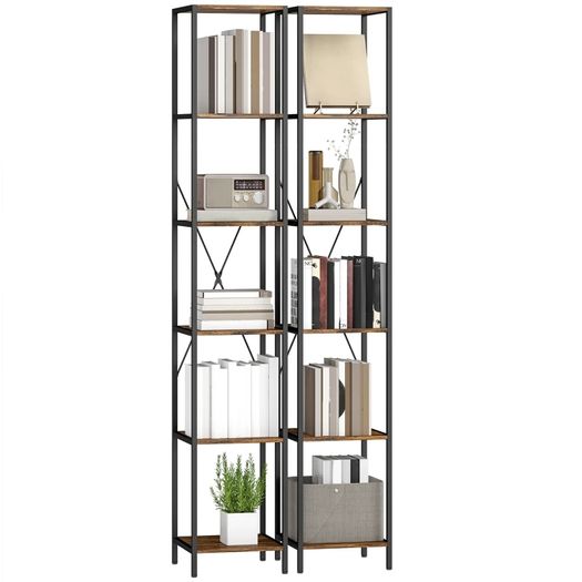 2-Pack 6-Tier Bookshelf, Steel Frame, for Living Room, Office, Bedroom, Rustic Brown