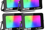 4 Pack Outdoor RGB LED Floodlight, 30W Dimmable 16 Colour Changing Flood Lights for Garden, Courtyard, Landscap, Stage Decoration, IP66, Electric Mains Powered, Remote Control, 175-265V