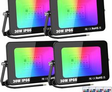 4 Pack Outdoor RGB LED Floodlight, 30W Dimmable 16 Colour Changing Flood Lights for Garden, Courtyard, Landscap, Stage Decoration, IP66, Electric Mains Powered, Remote Control, 175-265V